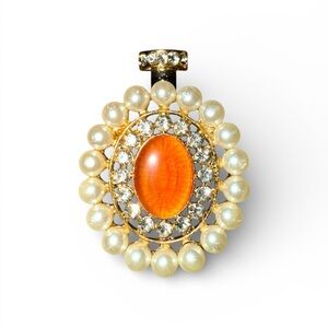 Mint Gold and Orange Brooch with Faux Pearls and Rhinestones